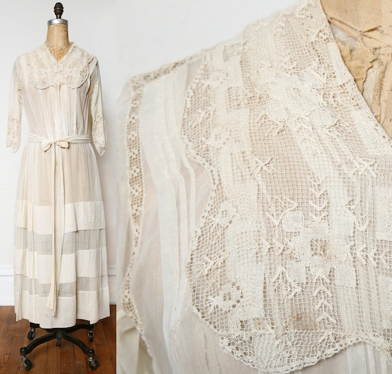 Antique 1900s Lace Dress Ivory Cotton Gown