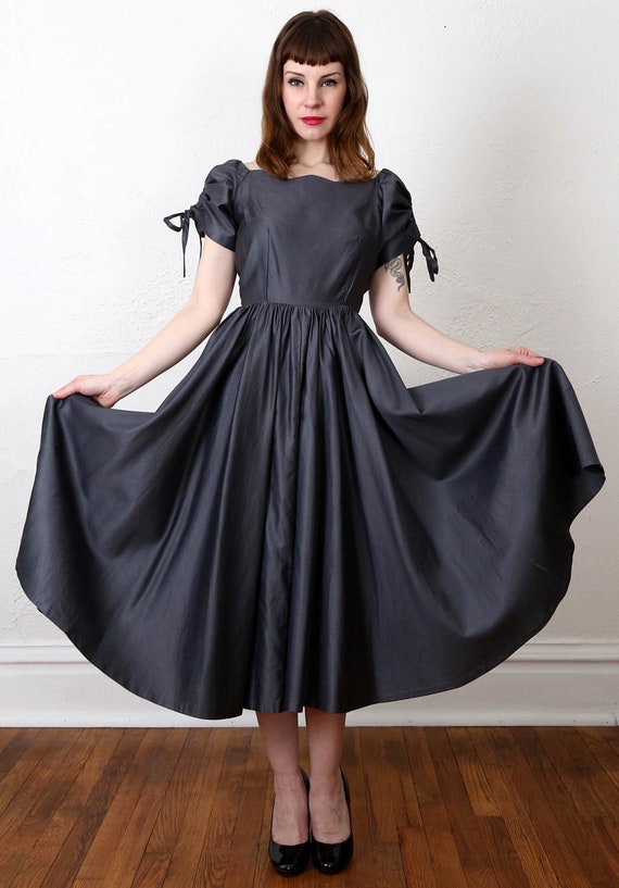 1950s Dress . Gunmetal Grey . Mid Century Gown Gem