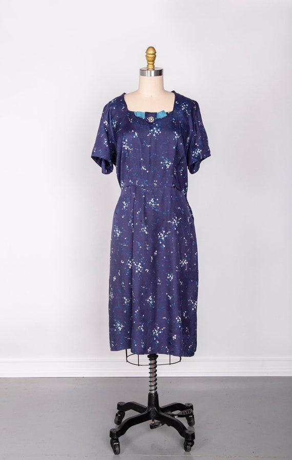 SALE 1950s Blue Floral Edith Martin Dress with Bow