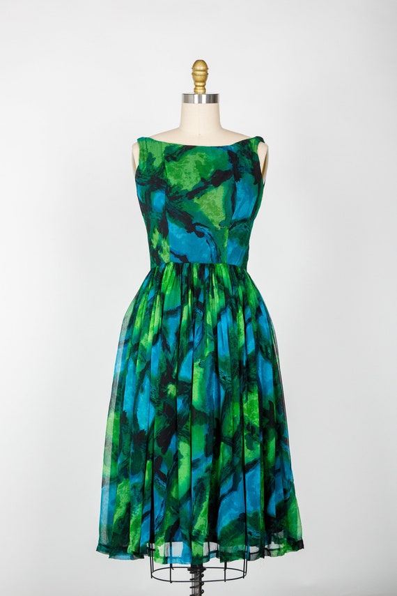 1950s SAKS Silk Green Blue Floral Dress . XS