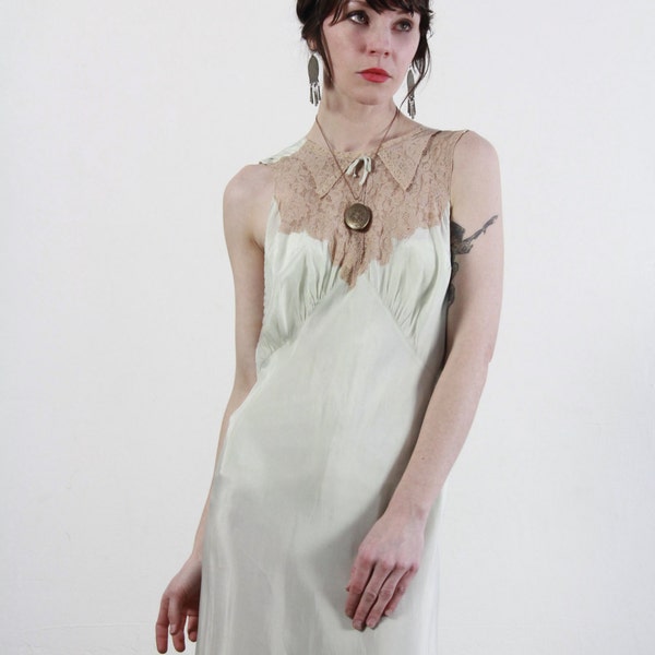 Vintage Mint Gown . Bias Cut Lingerie . Lace Negligée . 1930s