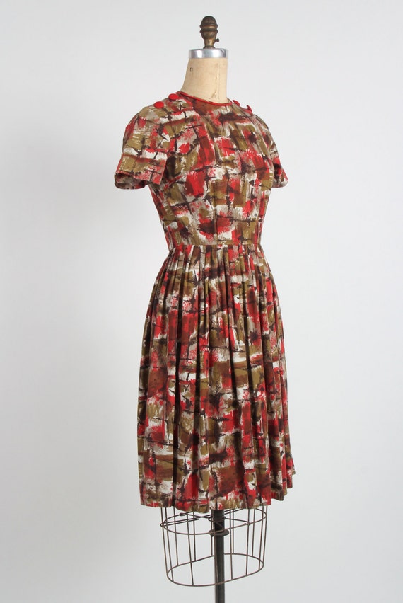 Red Brown Dress Abstract Print Mid Century Frock - image 2