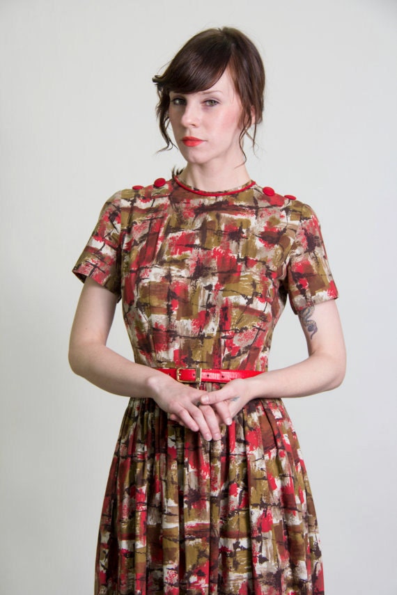 Red Brown Dress Abstract Print Mid Century Frock - image 4