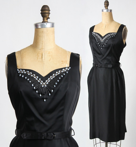 Satin Cocktail Dress Beading & Belt Midcentury Coc