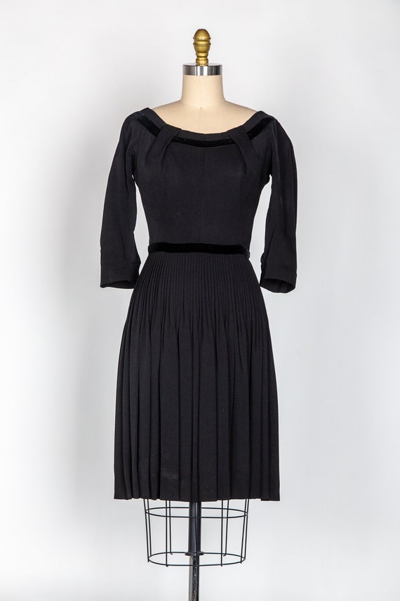 1960s Black Pleated Dress Velveteen Bows LBD