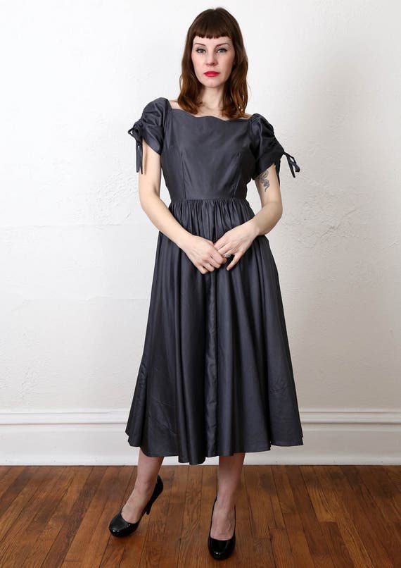 1950s Dress . Gunmetal Grey . Mid Century Gown Gem