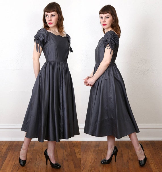 1950s Dress . Gunmetal Grey . Mid Century Gown Gem