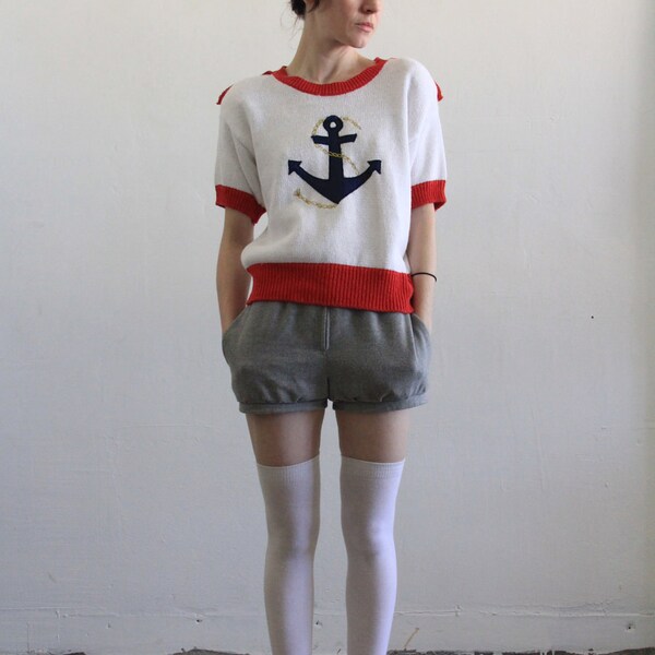 Vintage Sailor Sweater . Anchor . Epaulets . Knitted Crop Top . 1980s