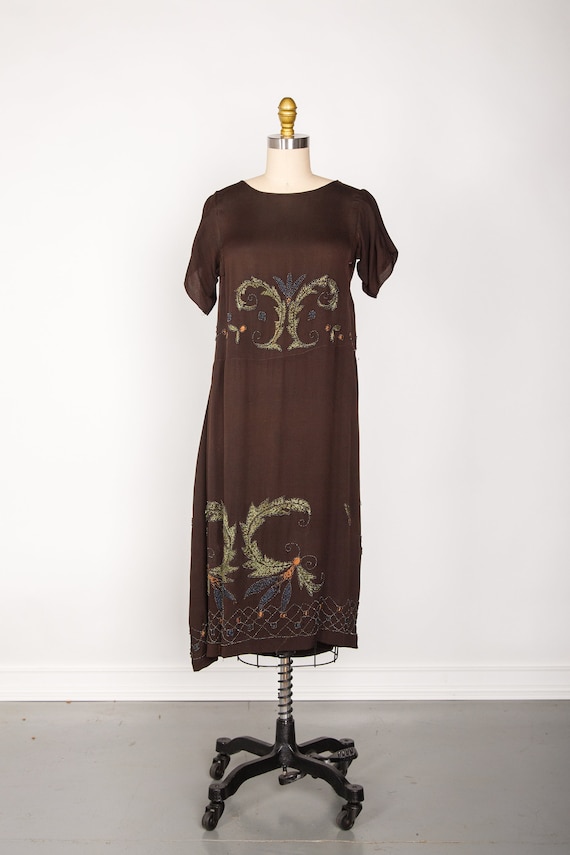 SALE 1920s Brown Embroidered Flapper Dress