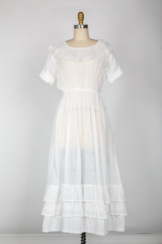 1900s Edwardian Cotton Dress Lace Collar