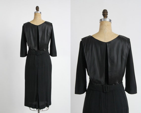 1950s Black Dress Faux Diamond & Satin Panel - image 2