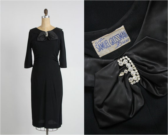1950s Black Dress Faux Diamond & Satin Panel - image 4