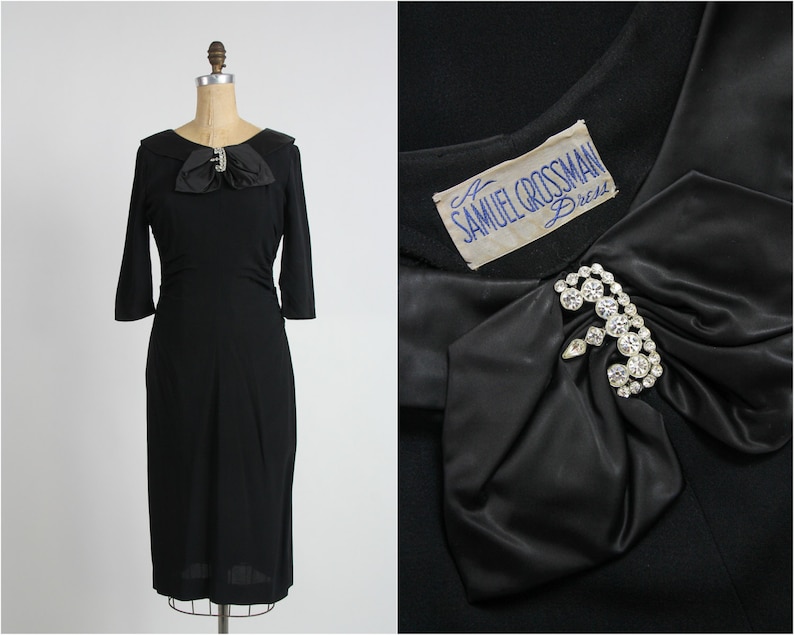 1950s Black Dress Faux Diamond /& Satin Panel