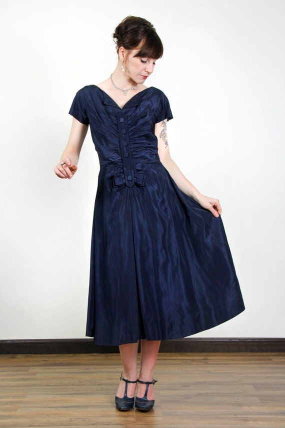 Navy Taffeta Gown . Mid Century Cocktail Dress