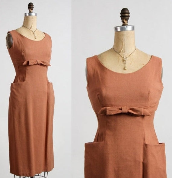 1960s Linen Dress Pockets & Bow - image 1