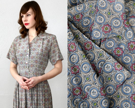 Folk Print Dress . 1960s Shirtwaist