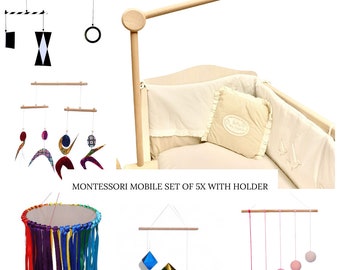 Montessori Mobile Set of 5x with Crib Mounted, Baby newborn set gift, montessori mobile set, Crib mounted montessori set