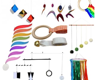 Montessori Set of 7x,Munari,Octahedron,Gobbi,Dancer,Rainbow,Ribbon,Bell Montessori Mobile Set, Montessori Baby,Newborn Montessori gift