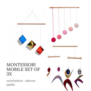 Montessori Mobile Set 3x, Dancer Mobile, Gobbi Mobile, Octahedron Mobile, Montessori newborn, Hanging Mobile