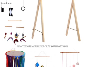 Montessori Mobile Set 5X with Wooden Baby Gym, Baby gift for newborn, Sensory educational gift, Munari, Dancer, Gobbi, Octha, Ribbon, gym