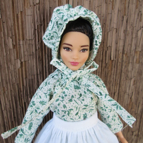 Handmade Doll Clothes for the 11.5 inch Doll Both Regular and Plus Sizes; Pioneer Dress, Bonnet and Apron. Prairie Style; Made in the U.S.A.