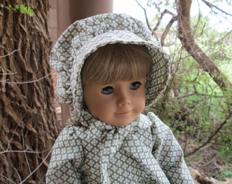 American made Girl Doll Clothes, Green and White Pioneer Dress, Bonnet, Bloomers; A Handmade Modest Set for 18" AG dolls; Made in the U.S.A.