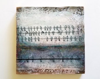 birds on a wire morning dew - mixed media art