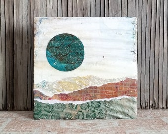 moon rise mixed media art wood wall tile