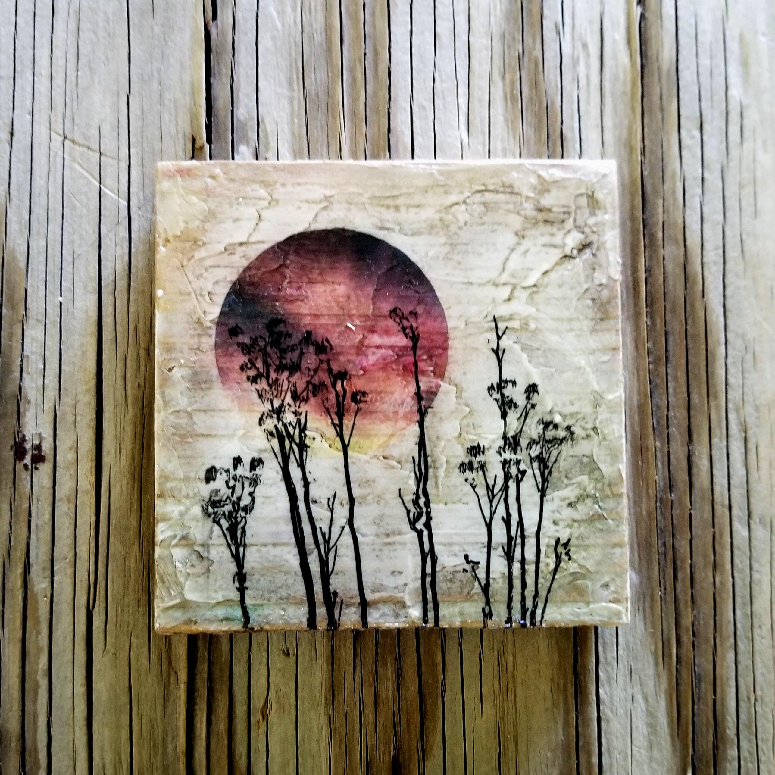 field of dreams at sunset - mixed media wall art tile