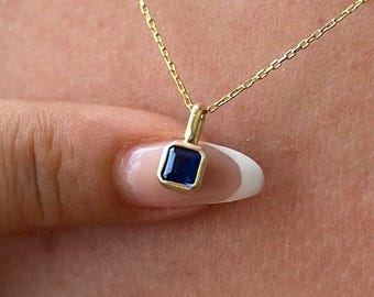 14k Gold Sapphire Necklace, Square Cut Blue Gemstone Pendant, September Birthstone Jewelry, Dainty Sapphire Necklace, Gift for Her Women