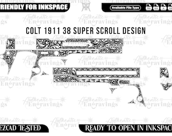 May include: Black and white Colt 1911 38 Super Scroll Design. The design is a detailed floral pattern. The image includes the text "FRIENDLY FOR INKSPACE", "EZCAD TESTED", and "READY TO OPEN IN INKSPACE".
