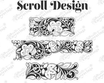 May include: Three black and white scroll designs with floral patterns. The designs are ready to open in Inkspace.