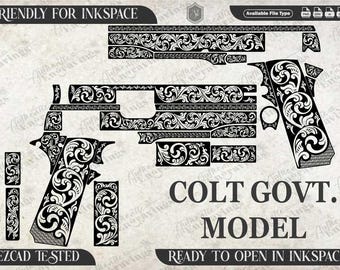 May include: A black and white digital design for a Colt Government Model pistol. The design features a floral pattern and the text "COLT GOVT. MODEL" and "FRIENDLY FOR INKSPACE".