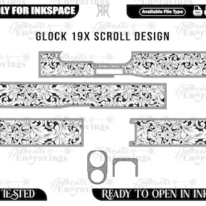Puede incluir: Ilustración en blanco y negro de un diseño de voluta Glock 19X, con varios componentes de armas de fuego con intrincados patrones florales. El texto incluye "FRIENDLY FOR INKSPACE", "GLOCK 19X SCROLL DESIGN", "EZCAD TESTED" y "READY TO OPEN IN INKSPACE".