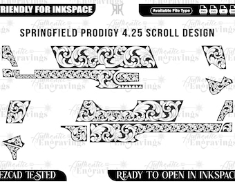 May include: Black and white Springfield Prodigy 4.25 scroll design. The image features various detailed floral and scroll patterns, suitable for engraving. Text includes "Friendly for Inkspace" and "Ready to Open in Inkspace."
