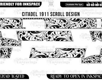 May include: Black and white Citadel 1911 scroll design. The design features a floral pattern and is labeled "Friendly for Inkspace" and "Ready to Open in Inkspace". Available file types include PNG, SVG, AI, and DXF.
