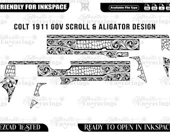 Colt 1911 Scroll & Alligator Design, Laser Cut File (SVG, PNG, DXF)