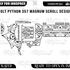 以下が含まれることがあります： 「COLT PYTHON 357 MAGNUM SCROLL DESIGN」のテキストが入った、Colt Python 357 Magnumスクロールデザインの白黒線画。デザインには「FRIENDLY FOR INKSPACE」と「EZCAD TESTED」のラベルが付いています。