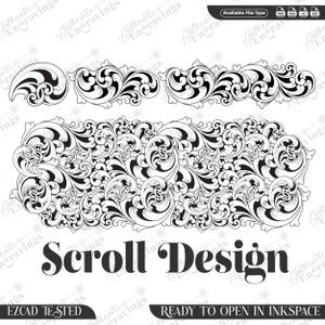 Puede incluir: Diseño de desplazamiento en blanco y negro con intrincados patrones florales. El diseño está etiquetado como "Scroll Design" y está listo para abrirse en Inkspace.