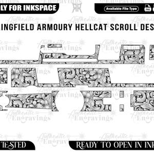 以下が含まれることがあります： Springfield Armory Hellcat用の白黒スクロールデザイン。花柄模様が特徴です。「Springfield Armory Hellcat Scroll Design」、「Friendly for Inkspace」、「Ready to Open in Inkspace」の文字も含まれています。