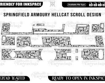 May include: A black and white scroll design for a Springfield Armory Hellcat. The design features floral patterns and is labeled "Springfield Armory Hellcat Scroll Design". The image also includes the text "Friendly for Inkspace" and "Ready to Open in Inkspace."
