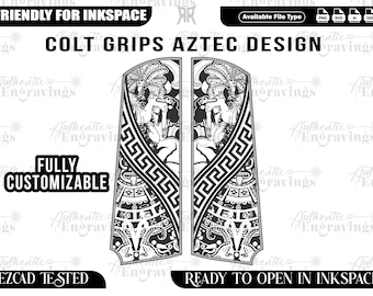 May include: Black and white Aztec design Colt grips. The grips feature a detailed illustration of an Aztec figure, geometric patterns, and the text "COLT GRIPS AZTEC DESIGN". The image also includes the text "FULLY CUSTOMIZABLE" and "EZCAD TESTED".