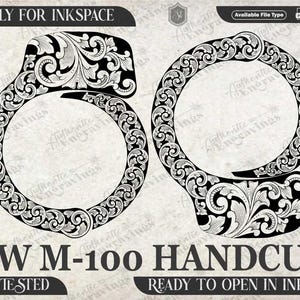 May include: Black and white digital illustration of a pair of ornate handcuffs with a floral design. The image includes the text "S&W M-100 HANDCUFF" and "EZCAD TESTED".