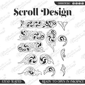 Könnte beinhalten: Ein Satz von 12 schwarzen und weißen Scroll-Designelementen. Die Designs sind kompliziert und detailliert und wären perfekt, um jedem Projekt einen Hauch von Eleganz zu verleihen. Die Designs sind bereit, in Inkspace geöffnet zu werden.