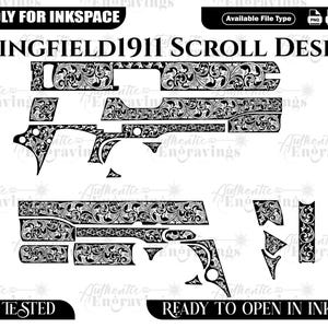May include: Black and white Springfield 1911 scroll design. The image features various parts of a firearm with intricate floral scrollwork. Text includes "SPRINGFIELD1911 SCROLL DESIGN", "FRIENDLY FOR INKSPACE", and "READY TO OPEN IN INKSPACE".