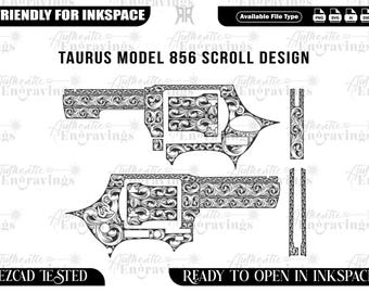 May include: Black and white Taurus Model 856 scroll design. The image shows a detailed engraving pattern for a firearm, with the text "Friendly for Inkspace" and "Ready to Open in Inkspace".