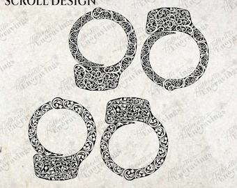 May include: Four black and white intricate scroll designs in the shape of handcuffs. The designs are ready to be opened in Inkspace.