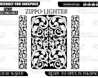 May include: Black and white Zippo lighter design with ornate floral scrollwork. The design includes the text "ZIPPO-LIGHTER", "FRIENDLY FOR INKSPACE", "FULLY CUSTOMIZABLE", "EZCAD TESTED", and "READY TO OPEN IN INKSPACE".