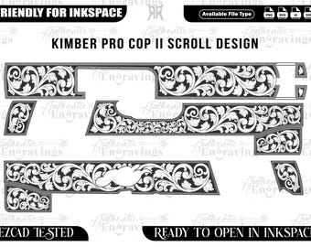May include: Black and white Kimber Pro Cop II Scroll Design, a vector graphic for engraving. The design features intricate floral scrollwork and is labeled "Friendly for Inkspace" and "Ready to Open in Inkspace."