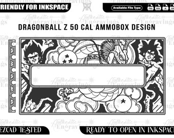 May include: Black and white Dragonball Z 50 Cal Ammobox design. The design features characters, a dragon, and the text "DRAGONBALL Z 50 CAL AMMOBOX DESIGN". The design is "FRIENDLY FOR INKSPACE" and "READY TO OPEN IN INKSPACE".
